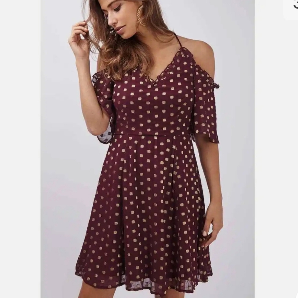Topshop A Line Mini Dress Womens Sz US 6 Burgundy Gold Dot Print Cold Shoulder